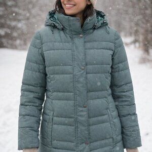 Land's End Down Puffer Jacket Mid Length Hooded Women's Small Green
